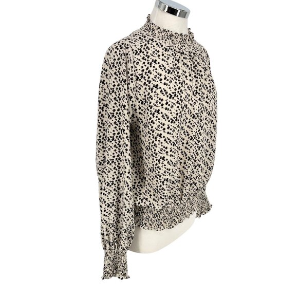 THML Brush Animal Print Smocked Ruffle Blouse Ivory Black Size Medium - Picture 6 of 12